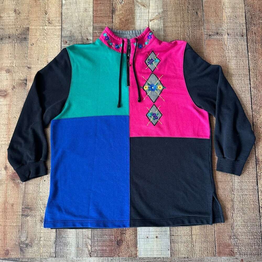 Vintage Alfred Dunner Colorblock Sweatshirt W/ Embroidery Half-Zip Neck XL Size